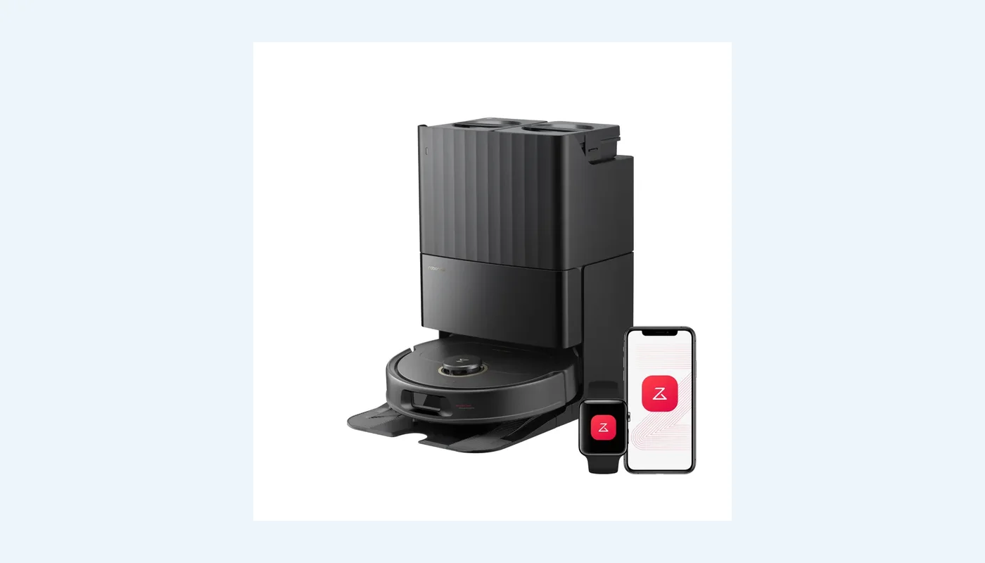 Roborock Qrevo S5V robot vacuum displayed beside its multifunction dock